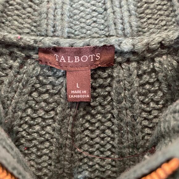 Talbots Mixed Stitch Cardigan Emerald Green Zip Front Mock Neck Cotton L - Picture 3 of 7